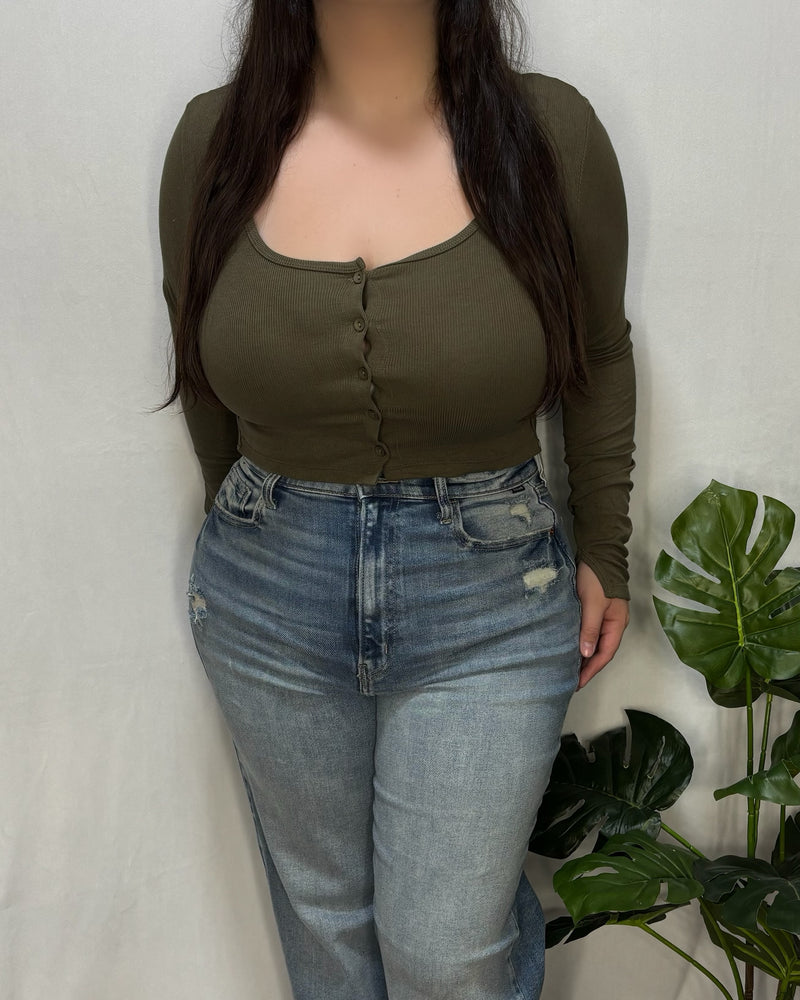 Heather Button Top (Olive)