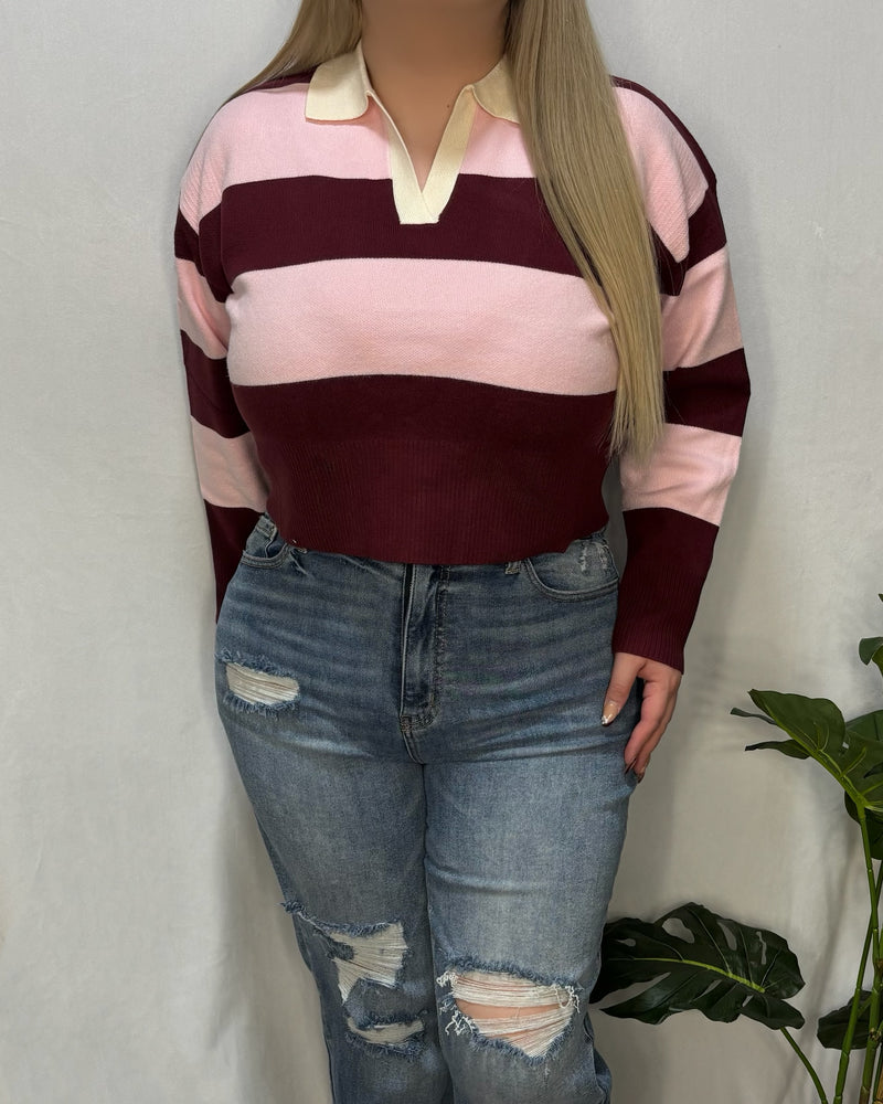 Destiny Collar Sweater (Burgundy/Pink)